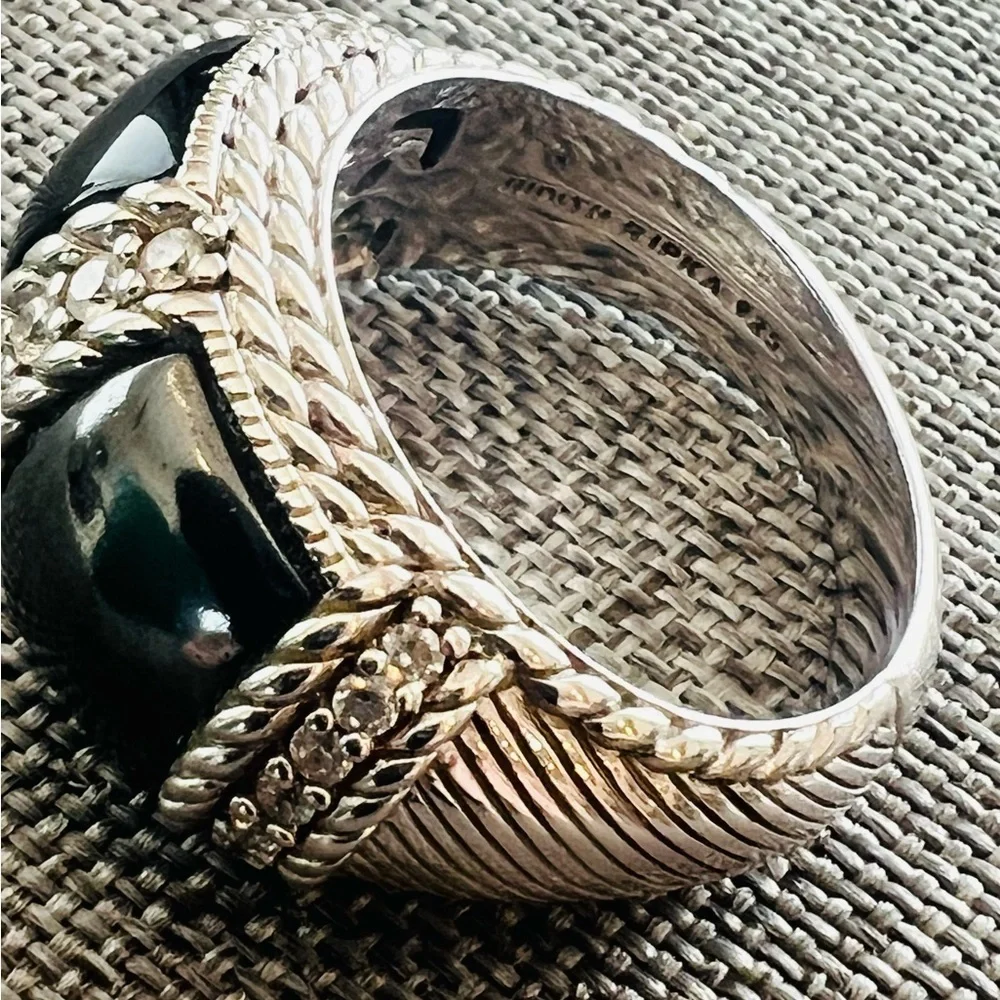 Judith Ripka Sterling Silver Black Onyx & White Topaz Rope Detail Size 8.5 - Picture 2 of 4